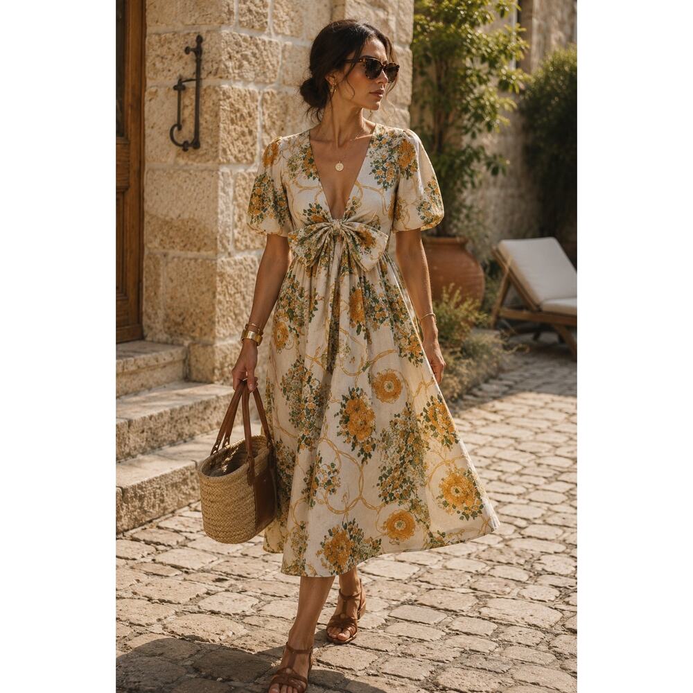 Vintage Hermes Authentic Linen Wrap Midi Dress Fleurs De L’Opera 40 Flowers